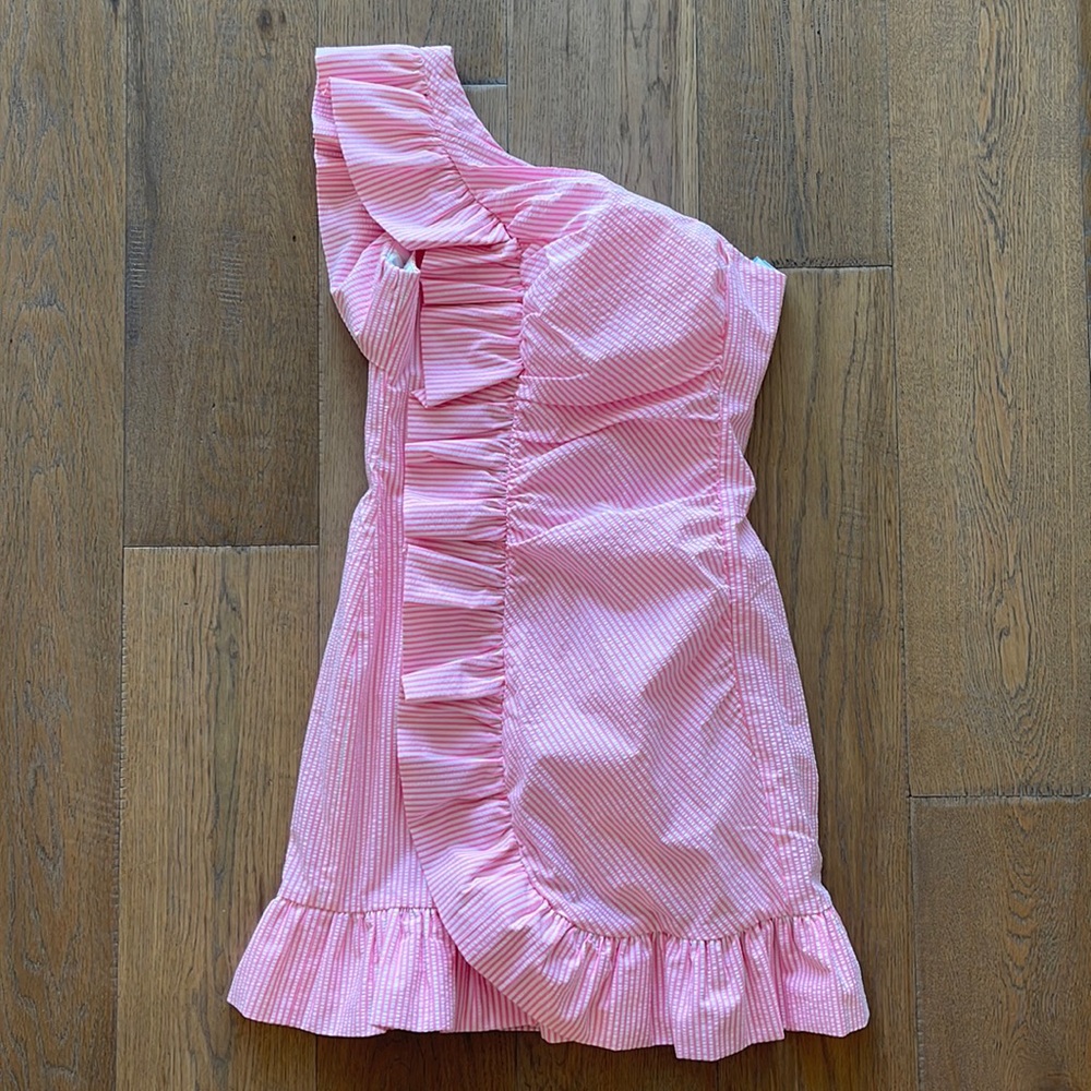 Lilly Pulitzer Tiffani Seersucker Pink Striped One shoulder dress